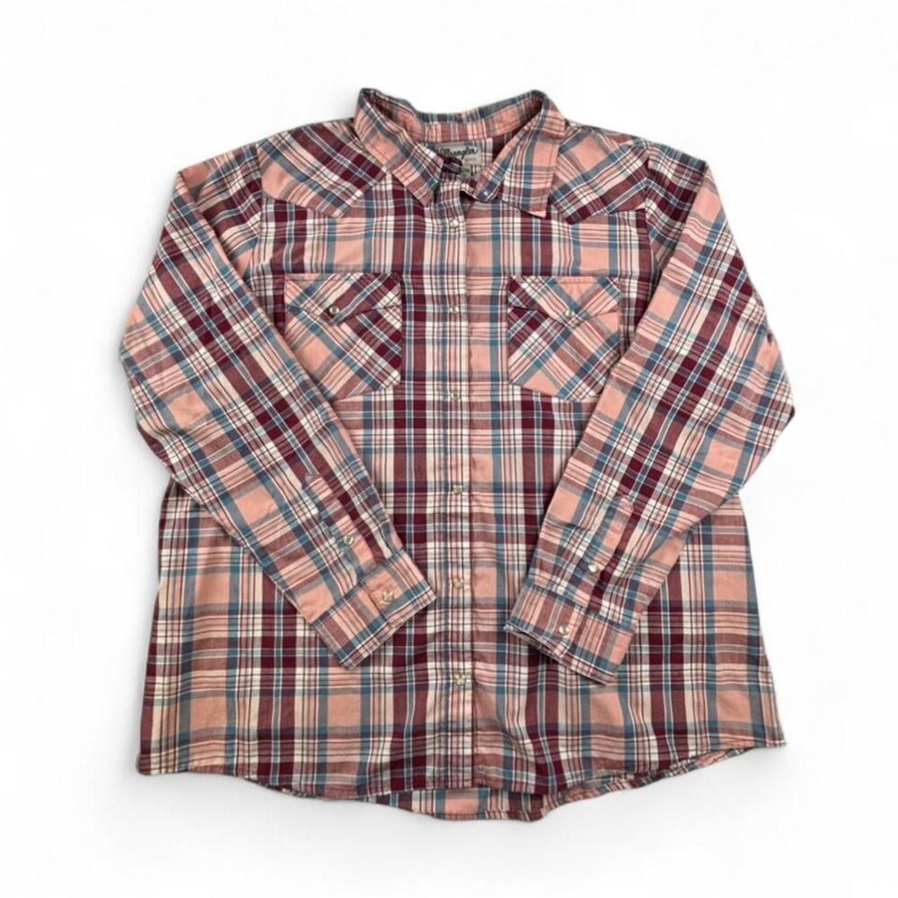 Wrangler Y2K Pink Plaid Western Button Up Shirt XXL Oversized Cowboy Core